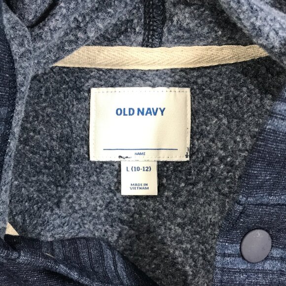 Old Navy Hoodie Shacket Boys Large 10-12 Blue Striped Jacket Snap Button Pockets - Picture 4 of 12